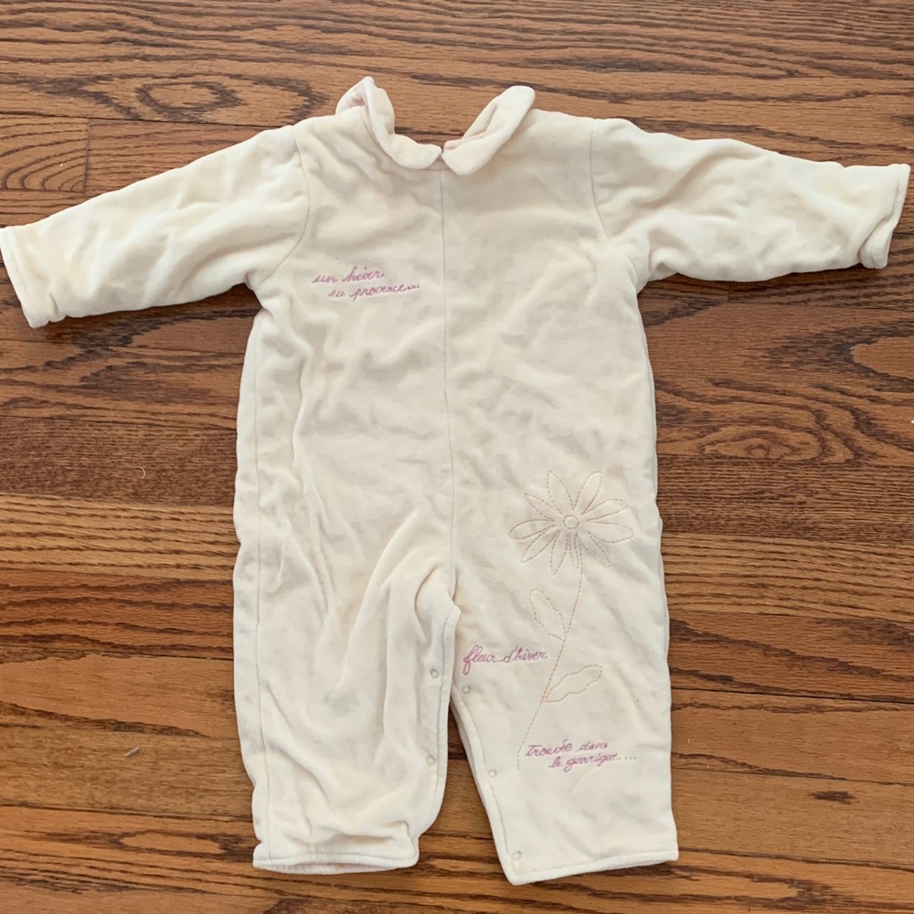 Jacadi Cream baby Jumpsuit with Pink Embroidery size 12M